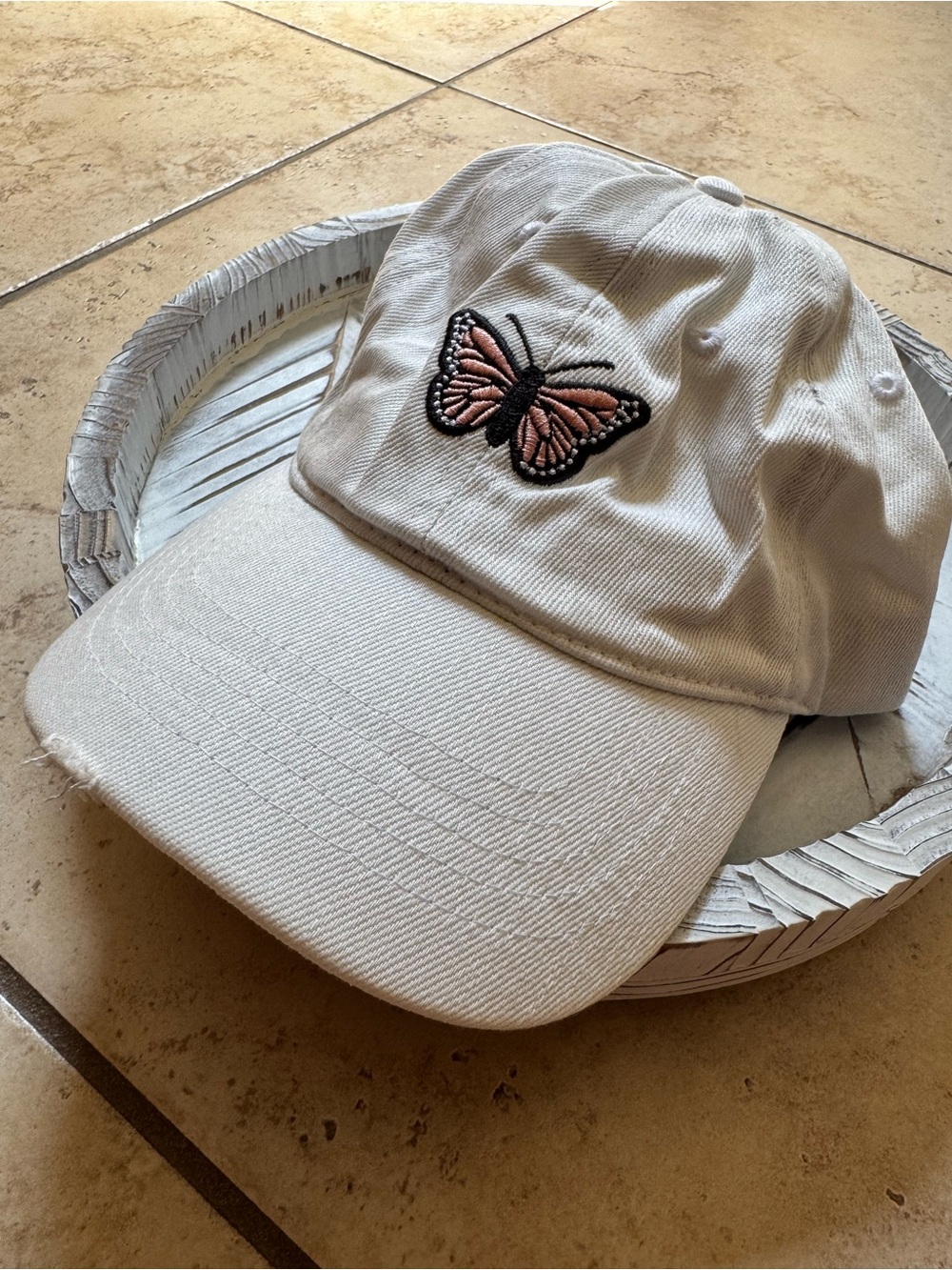 White Baseball Cap with Pink Butterfly Patch